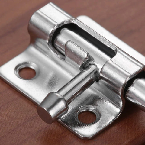 Close-up of silver metal barrel bolt door latch set with screws, for doors, gates, and pet doors, offering security hardware.