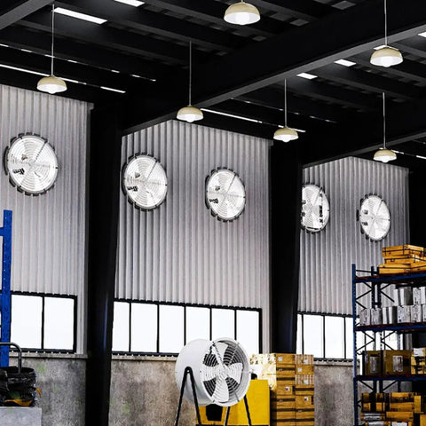 Heavy Hitter Industrial Turbine Fan That Goes Hard With Top Notch Ventilation And A Smooth Exhaust Setup Featuring Six Blades For Wide Angle Cooling Across Workshops And Garages On Standard Residential Voltage installed in a warehouse.