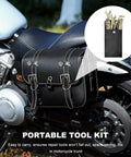 Motorcycle with leather tool bag containing 7 Piece Motorcycle Repair Tool Kit With Spanner Screwdriver Pliers Spark Plug Socket