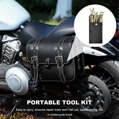 Motorcycle with leather tool bag containing 7 Piece Motorcycle Repair Tool Kit With Spanner Screwdriver Pliers Spark Plug Socket