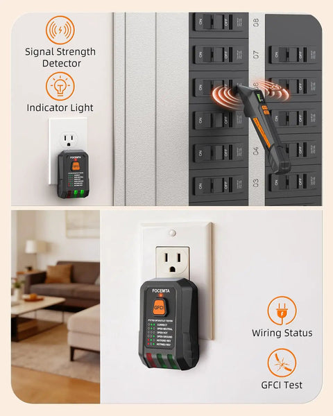 Circuit Breaker Finder And GFCI Outlet Tester Digital Receiver Pro Grade With Color Screen NCV Detection For Home Electrical Safety Includes Carrying Case And Adapters 90 To 135V AC Circuits FTCT02 showing usage examples on outlets and circuit box.