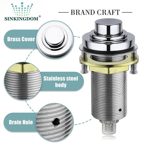 Chrome Long Button Air Switch Kit for Garbage Disposal and Dishwasher, brass and stainless steel components, drain hole detail