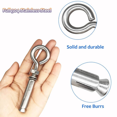 Beefy Heavy Duty 304 Stainless Steel Expansion Eyebolt shown resting on a hand, highlighting solid build with close-ups of design features.
