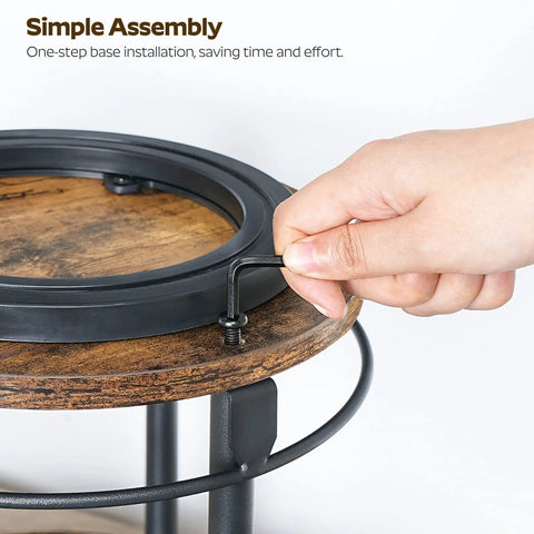Hand assembling the Smooth Two Tier Lazy Susan Rotating Spice Rack with a wrench, showing rustic brown wood finish.