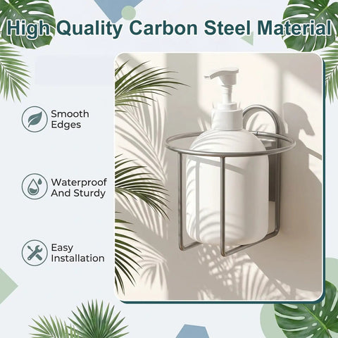 Heavy Duty Iron Wall Mounted Gallon Jug Holder 2-Pack shown with bottle, highlighting high quality carbon steel material