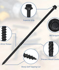 Real Deal Heavy Hitter 8 Inch Lag Screws 50 Pack showing hex washer head, self-tapping cut, and black rust proof coating.