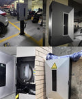 Heavy Duty Outdoor EV Charger Pedestal, Galvanized Steel Enclosure With Keypad Lock, Secure Cable Manager For Tesla And Chargepoint Vehicles, shown in parking garage with closed view.