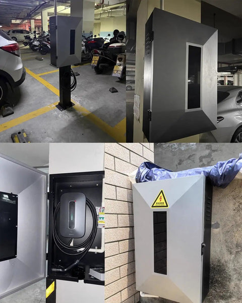 All Weather EV Charger Enclosure With Secure Keypad Lock For Tesla And Most Electric Vehicles perspective view in parking area.