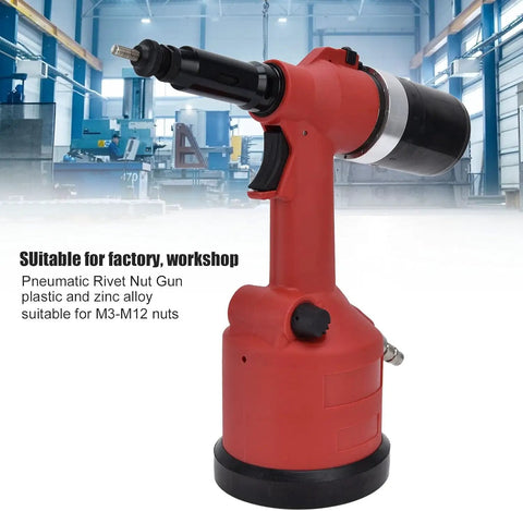 Pneumatic Rivet Nut Setting Kit For M3 To M12 Nuts, Air Powered Riveter Gun in a workshop setting, red zinc alloy tool