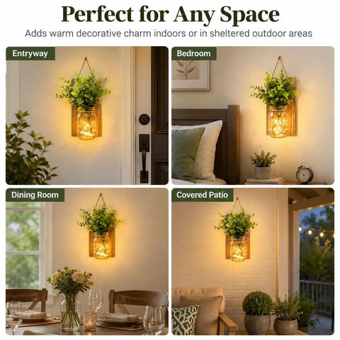 Rustic Mason Jar Wall Sconces Featuring Led Fairy Lights And Faux Ivy Vine Serve Up Serious Farmhouse Charm And Super Cool Evening Vibes For Your Spot Killer Decor Two Pack showcased in entryway, bedroom, dining room, and covered patio.