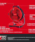 V20 Max Cordless 12 Inch Portable Fan With Dual Power Battery Or AC, 1400 CFM, 3 Speed Settings, 130 Degree Tilt For Garage.