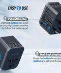 All In One Universal Travel Adapter With USB C And Four USB A Ports Worldwide Power Adapter shows plug operation steps