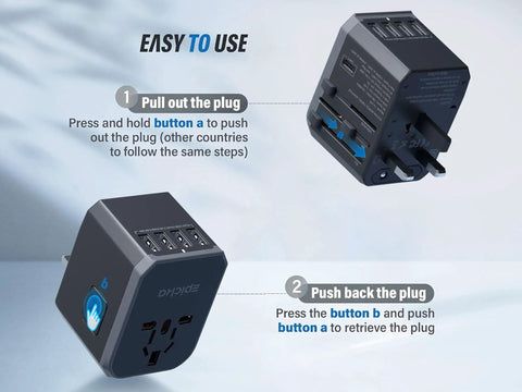 All In One Universal Travel Adapter With USB C And Four USB A Ports Worldwide Power Adapter shows plug operation steps