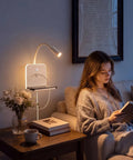 Plug-in & Hardwired LED Wall Sconce, Dimmable Wall Mount Reading Light with USB A & Type C Charging Ports, Flexible Gooseneck in use.