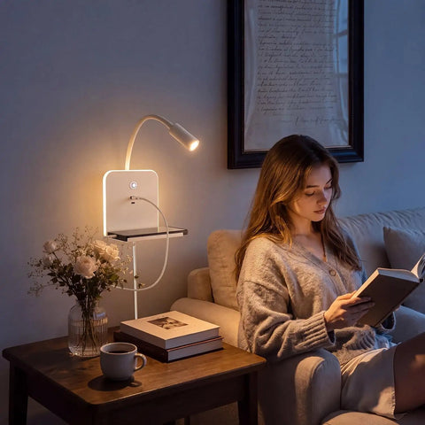 Plug-in & Hardwired LED Wall Sconce, Dimmable Wall Mount Reading Light with USB A & Type C Charging Ports, Flexible Gooseneck in use.