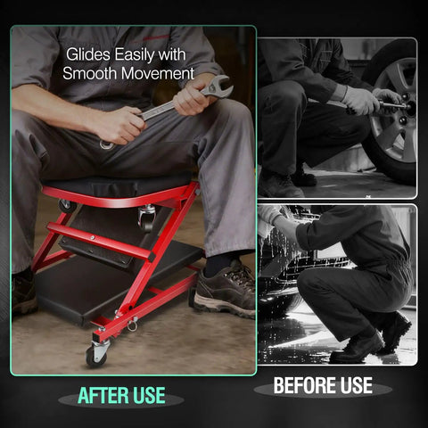 Beefy Low Profile Rolling Folding Mechanic Creeper Seat With Six Swivel Casters And Heavy Duty Steel Frame shown in use with tool.