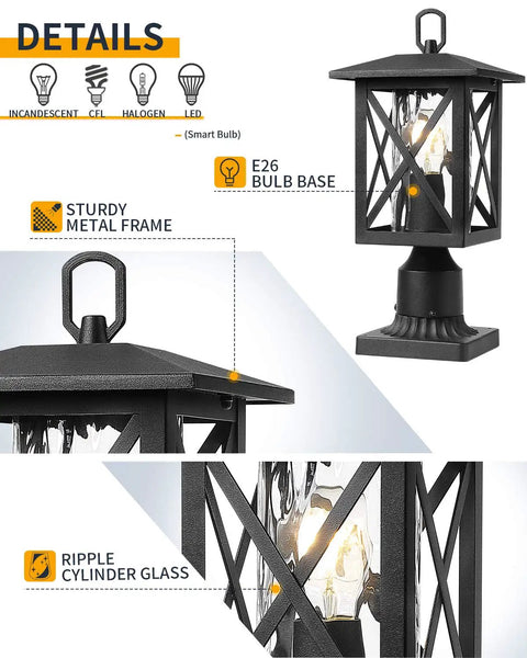 Seventeen Inch High Outdoor Post Light Set With Pier Mount Base Matte Black Lantern Featuring Clear Water Glass