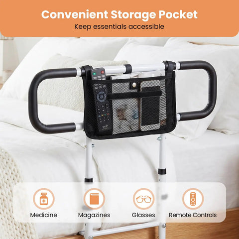 Foldable Bed Rail For Seniors With Adjustable Width And Height, mesh pocket for storage, remote and magazines visible, white
