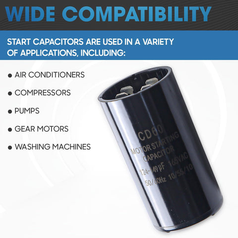 124 149 Uf Round CD60 Motor Start Capacitor 165 Vac Plus Or Minus 20 Percent For 50 60 Hz AC Motors Fits Most Units