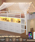 Twin Size Loft Bed With LED Lights And 8 PU Fabric Storage Drawers, house shaped metal bed with open bookcase, foam ladder, guardrail, curtain.