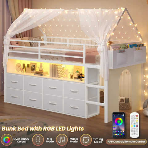 Twin Size Loft Bed With LED Lights And 8 PU Fabric Storage Drawers, house shaped metal bed with open bookcase, foam ladder, guardrail, curtain.
