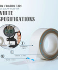 Silky Smooth Low Friction Drawer Glide Tape 1 Inch By 33 Feet Self Adhesive Cabinet Slide Protector For Furniture Wood Metal Anti Scratch White details on thickness and material.