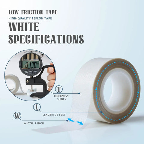Silky Smooth Low Friction Drawer Glide Tape 1 Inch By 33 Feet Self Adhesive Cabinet Slide Protector For Furniture Wood Metal Anti Scratch White details on thickness and material.
