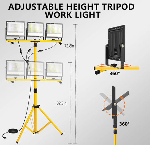 Ridiculously Bright 45000 Lumen LED Work Light With Stand Three Head Portable Tripod Light adjustable heights and angles.