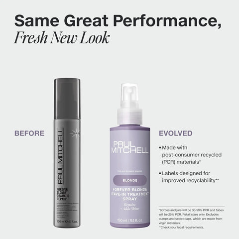 Comparison of old and new Paul Mitchell bottle design for Forever Blonde Leave-In Treatment Spray For Bleached And Lightened Hair 5.1 oz