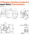 Technical diagram of Beefy Planetary Gearbox 20 to 1 for Nema 23 and Nema 24 Stepper Motors with product dimensions labeled.
