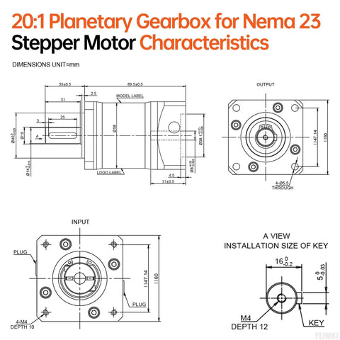 Technical diagram of Beefy Planetary Gearbox 20 to 1 for Nema 23 and Nema 24 Stepper Motors with product dimensions labeled.