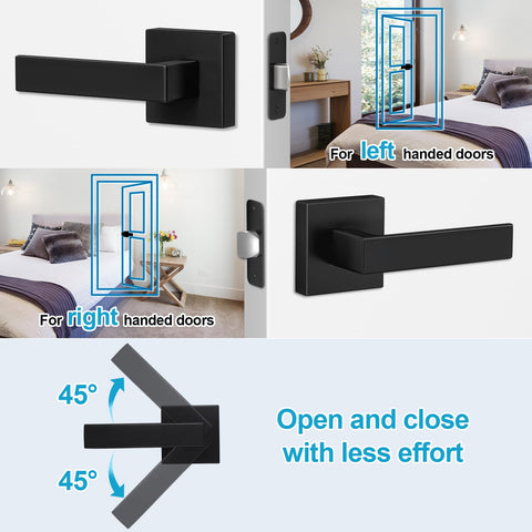 Close-up of 8 Pack Matte Black Passage Door Handles Square Heavy Duty Interior Door Knobs Non Locking Handlesets