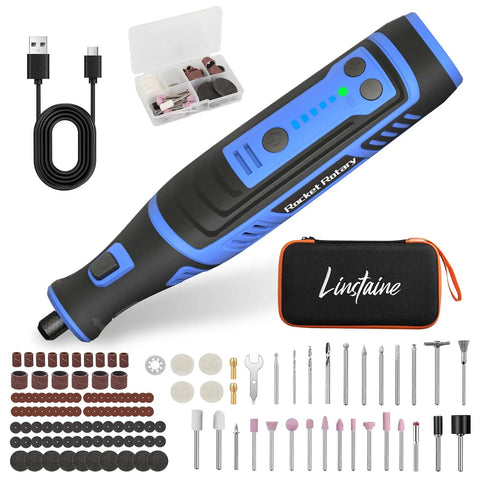 Heavy Duty Eight Volt Cordless Rotary Tool With 135 Piece Accessory Kit And Two Point Eight Amp Hour Battery Offering Five Variable Speed Levels Up To 30000 Rpm For Drilling Grinding Sanding Carving Engraving Polishing Cutting Without Any Cord Dragging with accessories and USB cable.