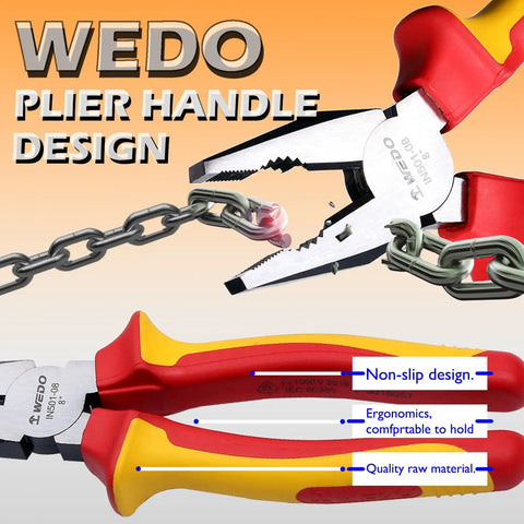 Close-up of Wedo pliers from VDE 1000V Insulated Tools Set 42Pcs with chain cutting, ergonomic handle design