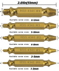Six Piece Screw Extractor Kit For Damaged And Stripped Screws Removal, Titanium Coated HSS 4341 High Speed Steel, 63 65 Rc Hardness, Fits Any Drill, Broken Screw Extractor Set To Get Those Stubborn Screws Out Fast And Easy, showing six labeled extractors with size dimensions.