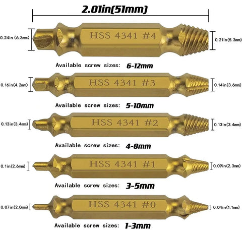 Six Piece Screw Extractor Kit For Damaged And Stripped Screws Removal, Titanium Coated HSS 4341 High Speed Steel, 63 65 Rc Hardness, Fits Any Drill, Broken Screw Extractor Set To Get Those Stubborn Screws Out Fast And Easy, showing six labeled extractors with size dimensions.