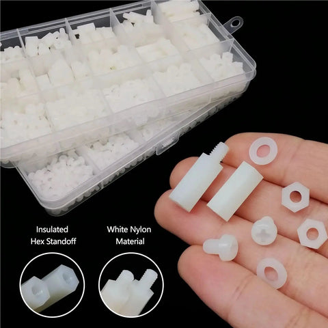 Four Box Hex Spacer Kit M2 0.5 M3 M4 Non Conductive White Nylon Insulated Hex Standoffs For Drones Quadcopters And PCBs Spacer Column Screws Nuts Washers Assortment 445 Pieces, white nylon hex standoffs in storage box