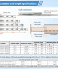 Holes pattern and length specifications for Kickass Four Pair Set Of Twelve Inch Undermount Drawer Slides with details on dimensions.