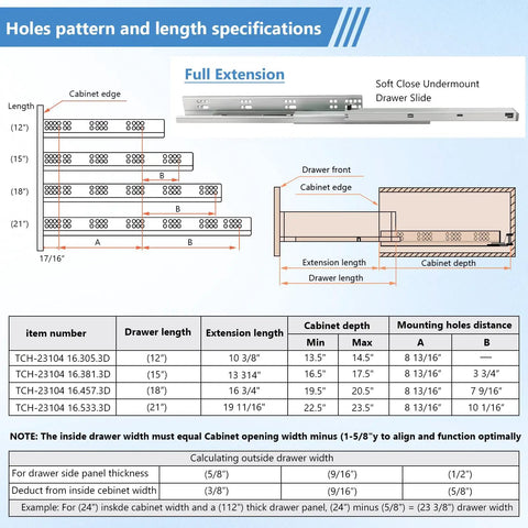 Holes pattern and length specifications for Kickass Four Pair Set Of Twelve Inch Undermount Drawer Slides with details on dimensions.