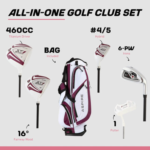 Women’s X1 Complete Golf Club Set with driver, fairway, hybrid, irons, putter, and stand bag, right handed purple petite size.
