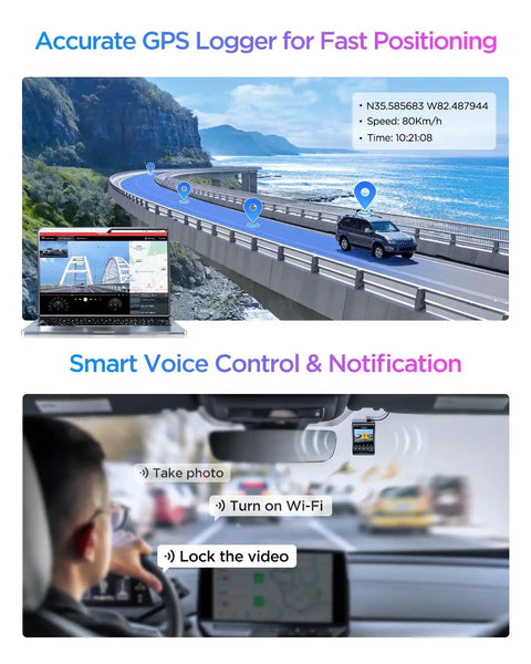 Display of A329S 4K Dash Cam Front And Rear For Cars showing GPS logging and smart voice control interface.