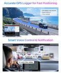 Top Notch 4K Front Dash Cam With 2K Interior Fisheye And 2K Rear, showing GPS tracking on coastal road and smart voice control in car.