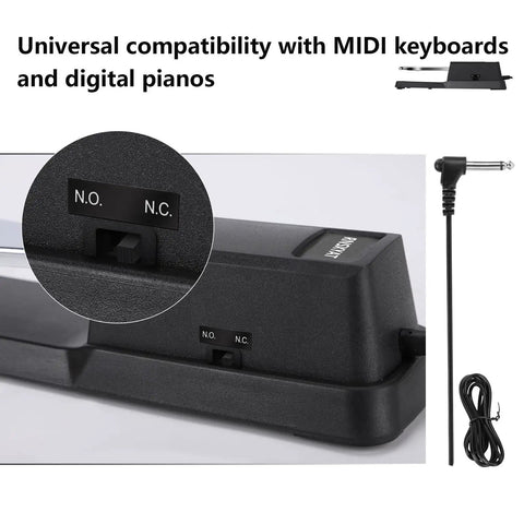 Close-up of universal sustain pedal for keyboard with polarity switch and 1/4 inch plug, premium alloy, MIDI keyboards, digital pianos.