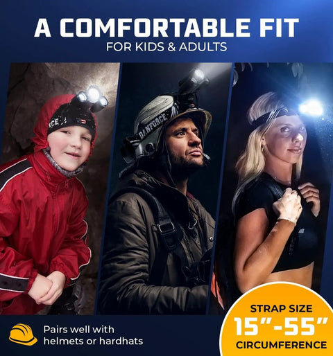 Ultra Bright USB Rechargeable Headlamp With 1080 Lumens Zoomable Beam Red Light IPX54 Rating Hands Free Light For Camping Outdoors Work And Hard Hats Included shown on kids and adults featuring strap size 15''-55''