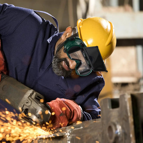 Job Site Tough Flip Up Welding Safety Glasses With Vented Anti Fog Shell Double Layer Shatterproof Lenses For Stick Mig Argon Cuts And Everyday Shop Grinds 2 Pack worn by worker with yellow helmet.