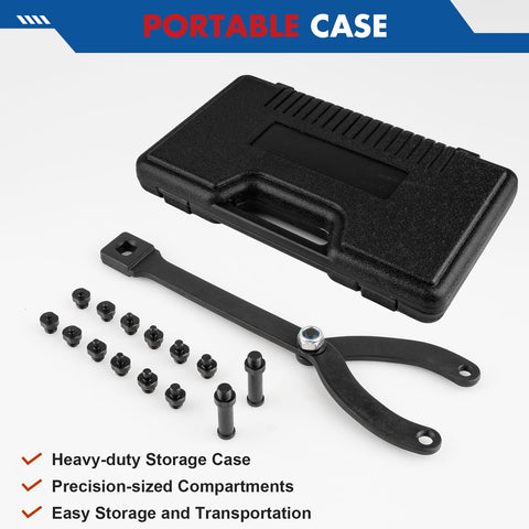 Jiimee 15pc pulley holder tool kit in black case with universal adjustable spanner and 1/2-in drive ratchet