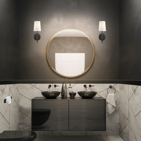 Matte Black 1-Light Wall Sconce With White Fabric Shade, Dimmable Transitional Lantern Style Wall Light for modern bathroom decor