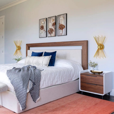 Brass Mid Century Modern Wall Sconces Set Of 2, Brushed Brass Starburst Wall Lighting for Bedroom, installed beside a bed