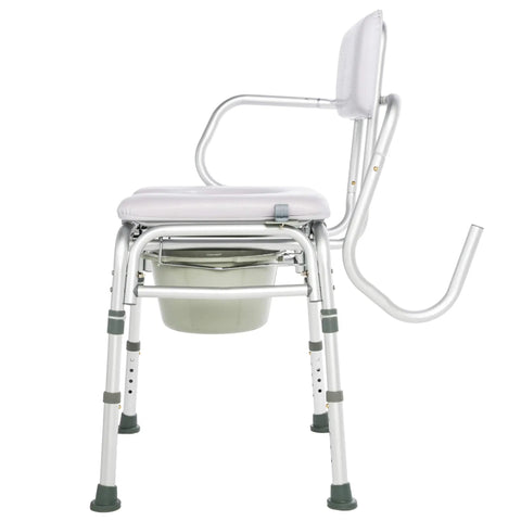 Side view of Deluxe Padded Shower Chair With Arms And Commode Opening Waterproof Seat And Backrest 300 Lb Weight Capacity