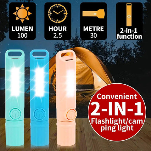 3 Pack USB C Rechargeable Mini LED Flashlights With Sidelight Lantern, shown with glowing beams in front of a tent